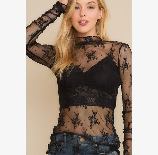 Floral Lace Mesh Top - Black