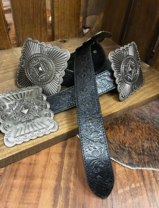 Leather Silver Concho Belt - Black