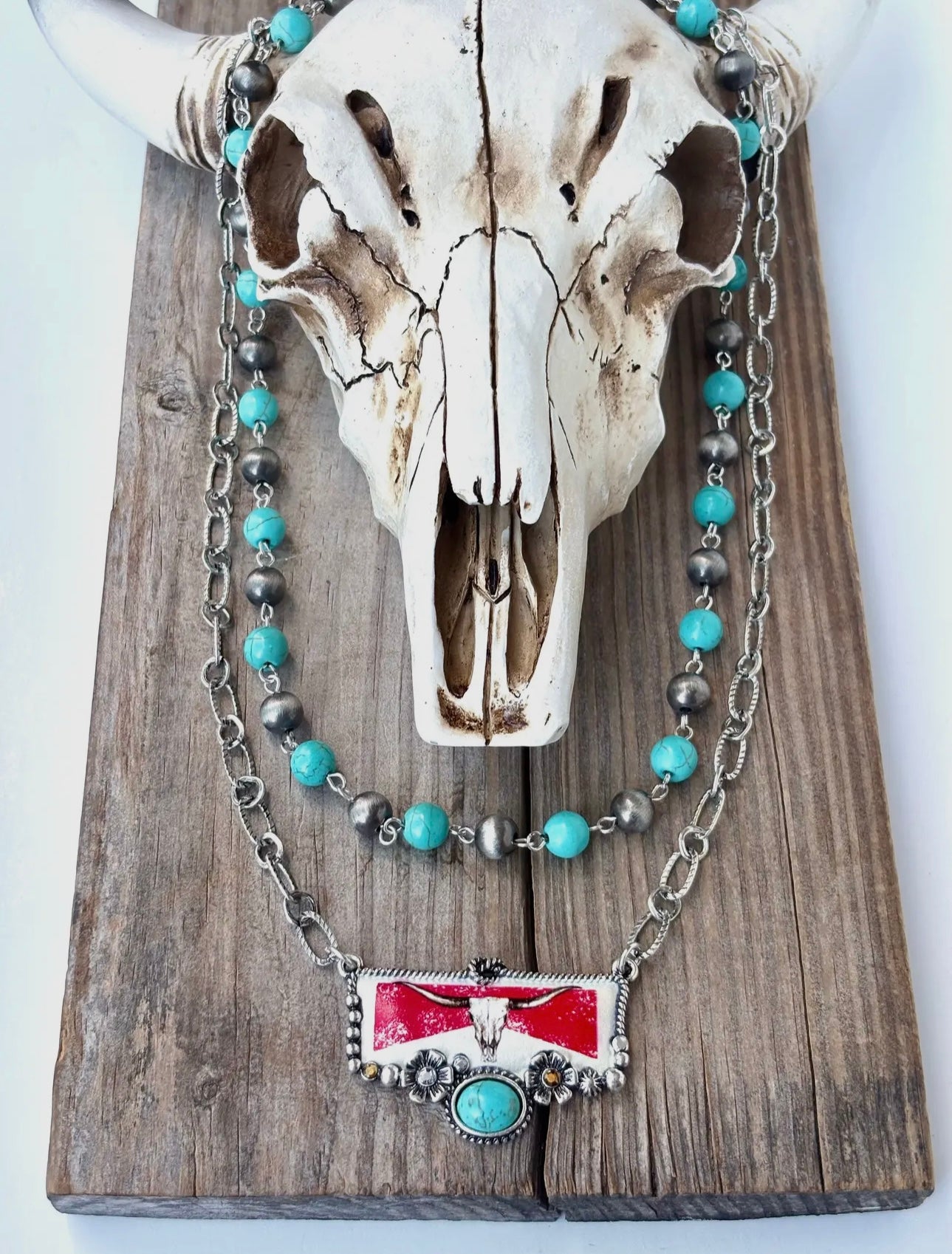 Two Layered Navajo Pearl Turquoise Stone Pendant Necklace - Steerhead