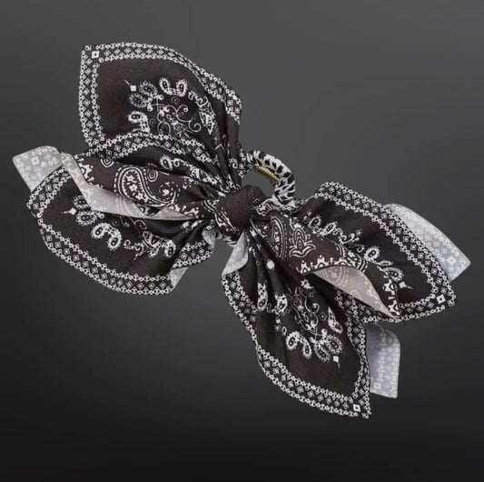 Western Paisley Claw Clip Hair Bow Bandana Print - Black