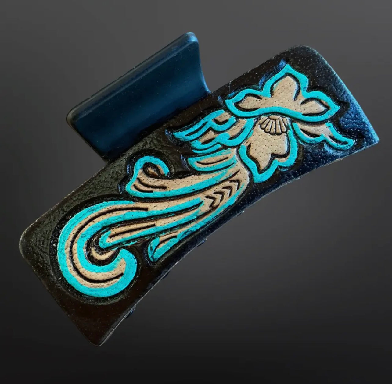 Tooled Leather Western Claw Clip - Turquoise Flowers