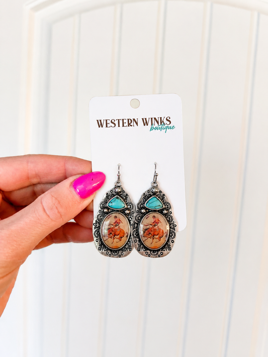 Western Print Pendant Earrings - Cowboy on a Horse
