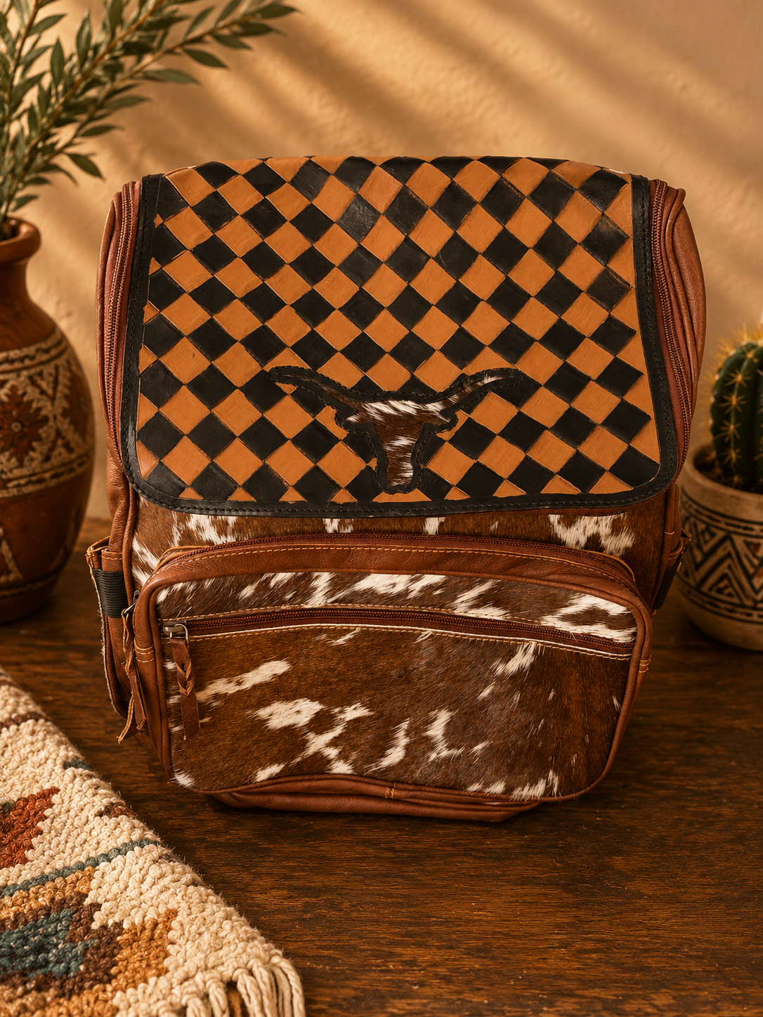 Brown Checkered Tooled Leather & Cowhide Backpack - Dark Brown + White