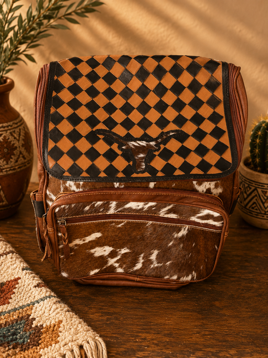 Brown Checkered Tooled Leather & Cowhide Backpack - Dark Brown + White
