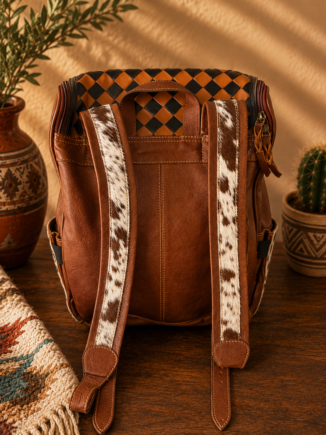 Brown Checkered Tooled Leather & Cowhide Backpack - Dark Brown + White
