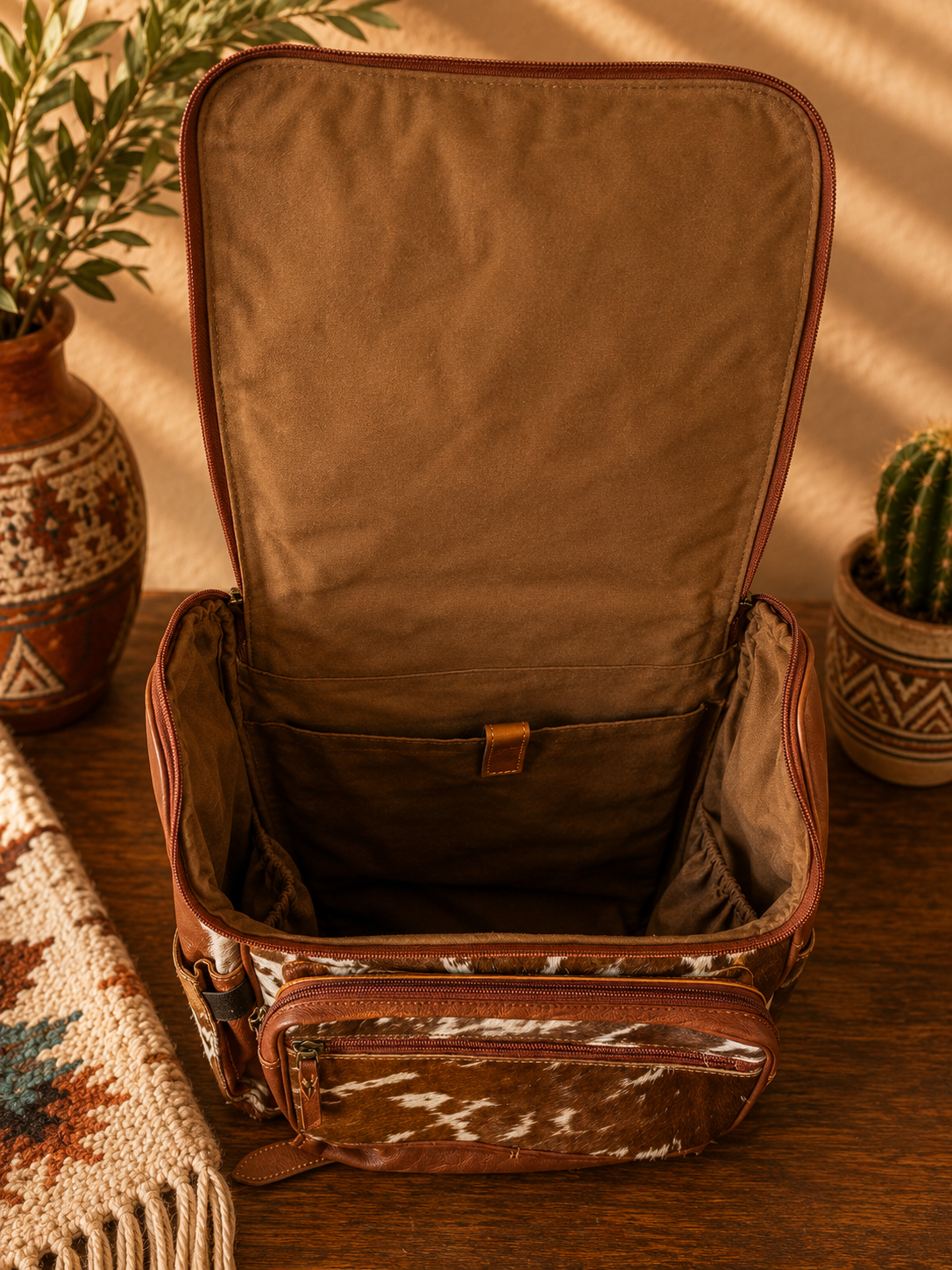 Brown Checkered Tooled Leather & Cowhide Backpack - Dark Brown + White