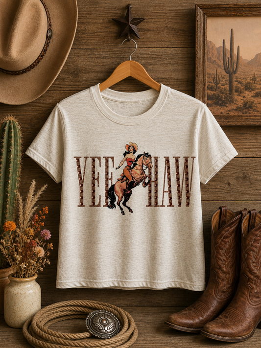 Yeehaw Cowgirl Studded Tee - Natural Heather