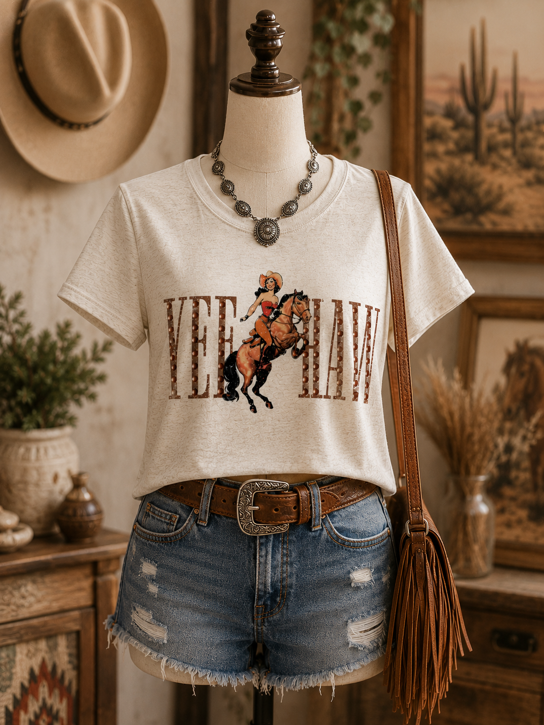 Yeehaw Cowgirl Studded Tee - Natural Heather