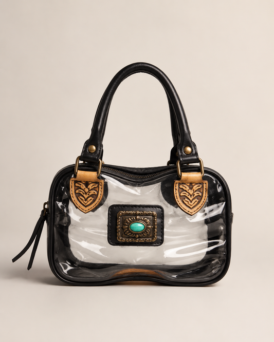 Black Tooled Leather Clear Crossbody Bag