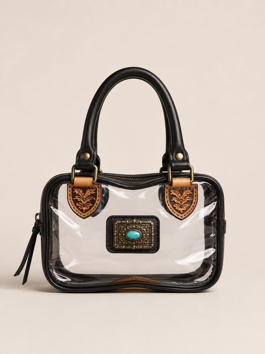 Brown Tooled Leather Clear Crossbody Bag