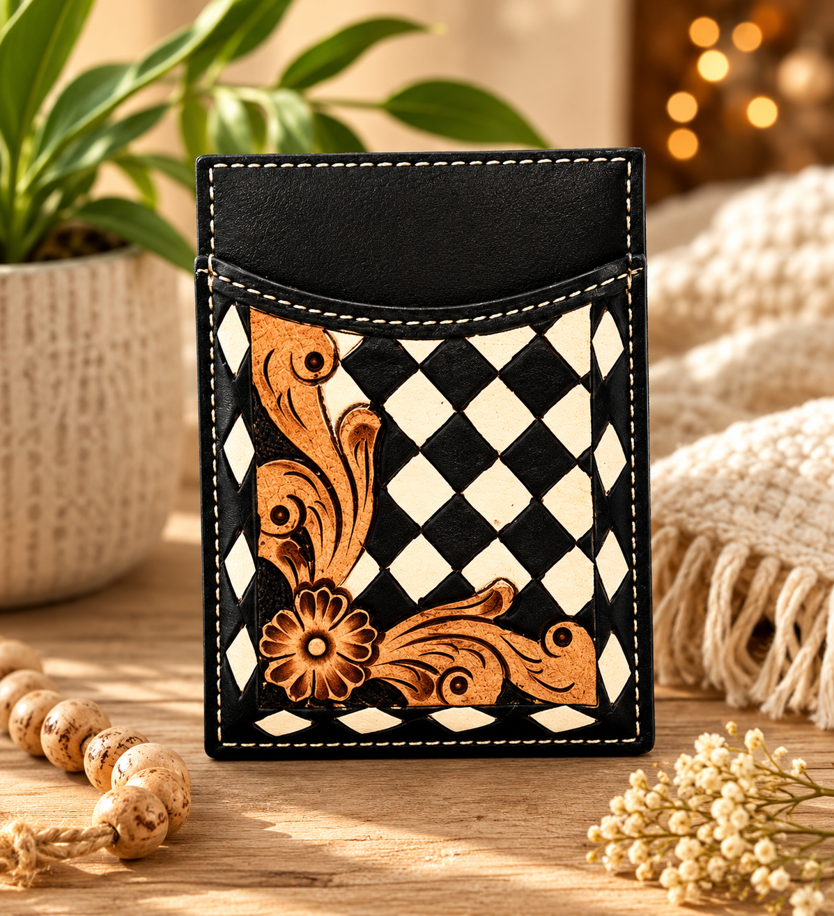 Checkered Tooled Leather Credit Card Holder - Black