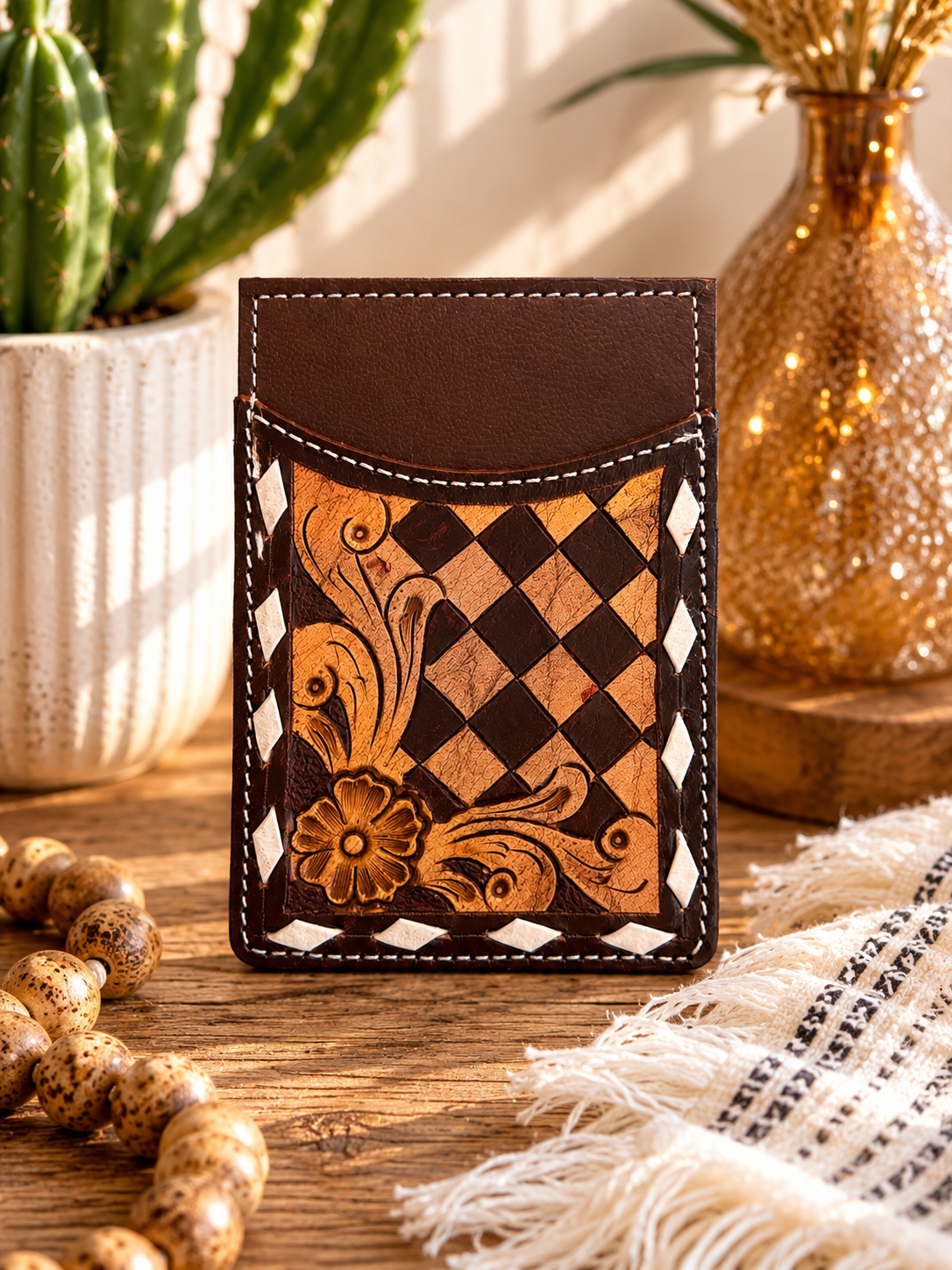 Checkered Tooled Leather Credit Card Holder - Brown