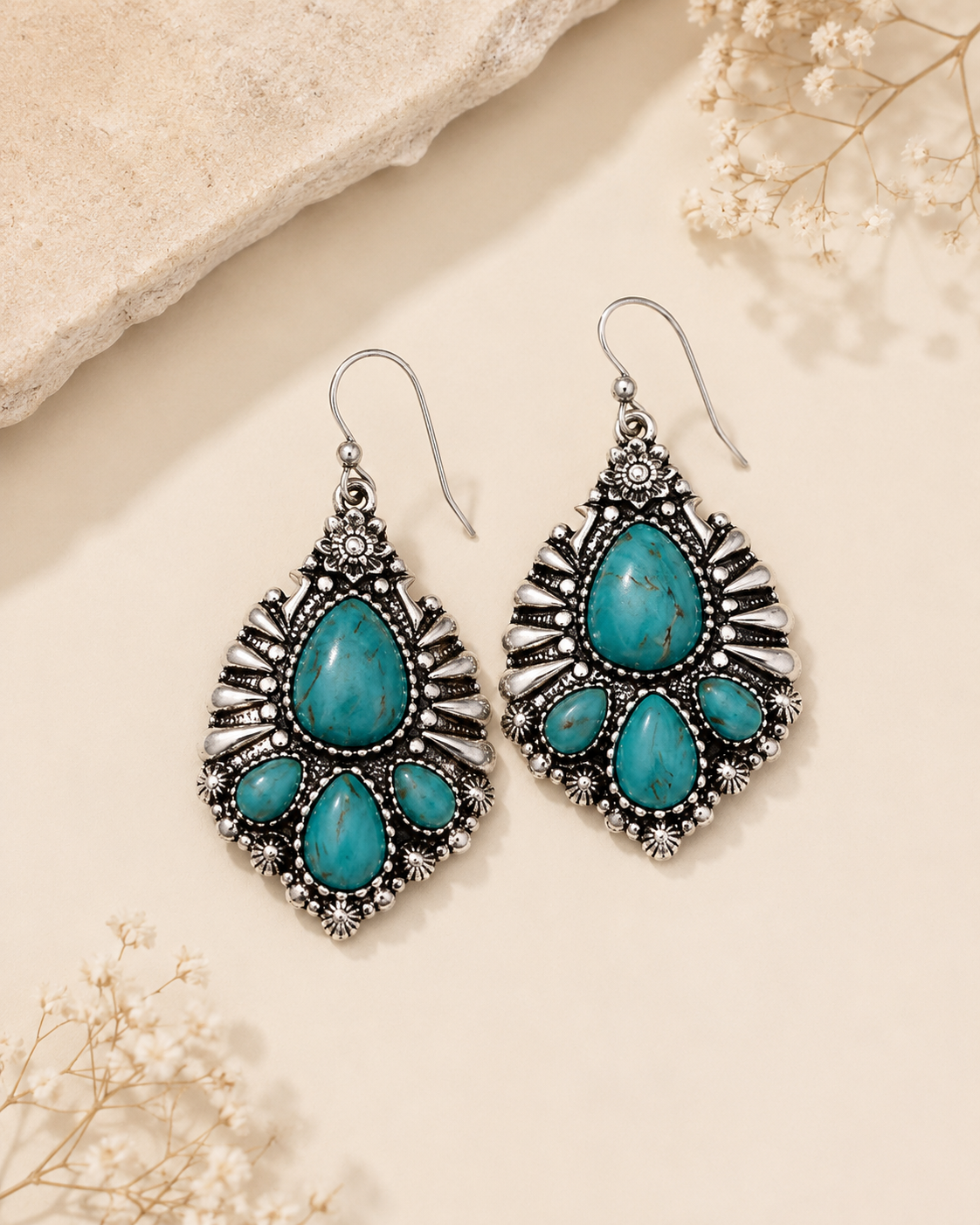 Western Teardrop Stone Embellished Concho Earrings