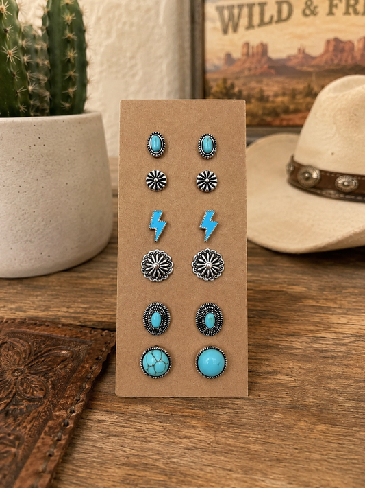 Western 6 Pair Dainty Post Earring Set - Lightning Bolts