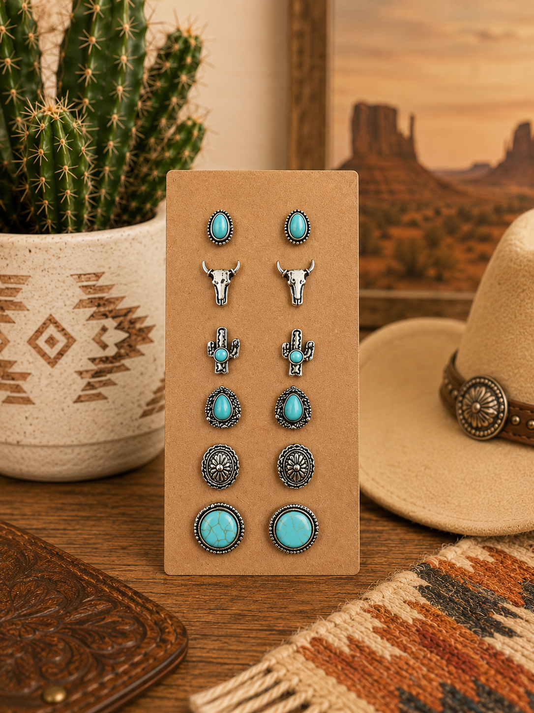 Western 6 Pair Dainty Post Earring Set - Longhorn