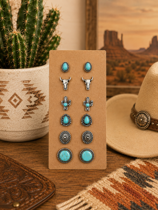 Western 6 Pair Dainty Post Earring Set - Longhorn
