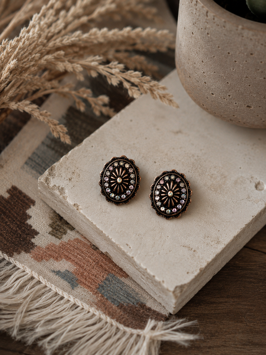 Western Style Rhinestone Concho Stud Earrings - Copper