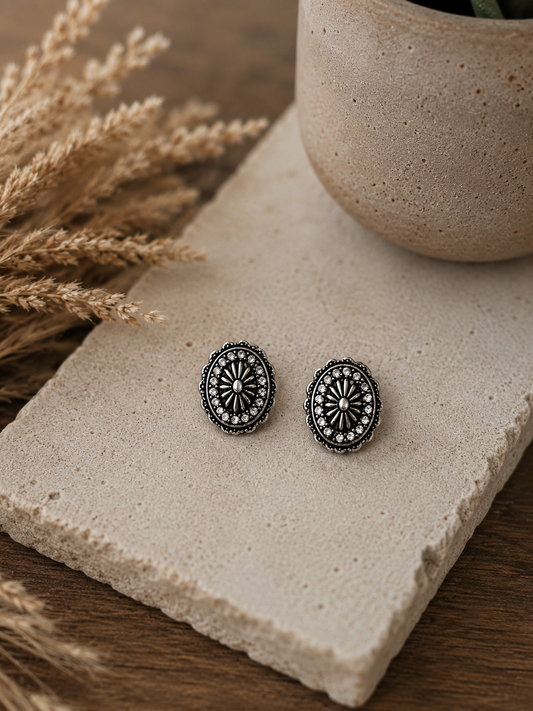 Western Style Rhinestone Concho Stud Earrings - Silver