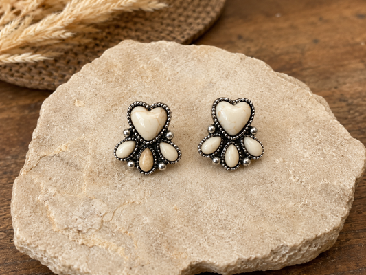 Western Heart Stone Stud Earrings - White