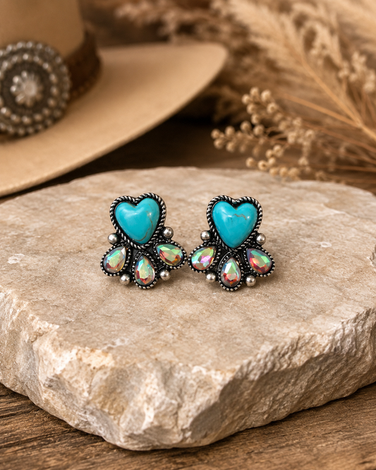 Western Heart Stone Stud Earrings - Turq/Clear