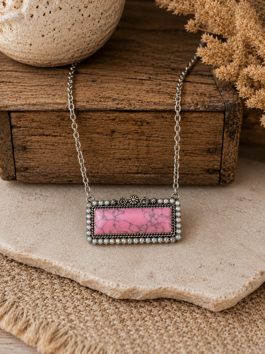 Western Rectangle Turquoise Concho Necklace - Pink