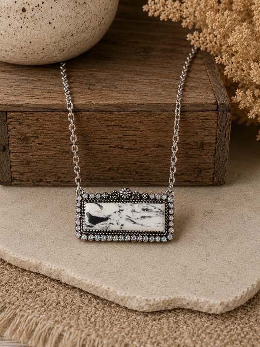 Western Rectangle Turquoise Concho Necklace - White