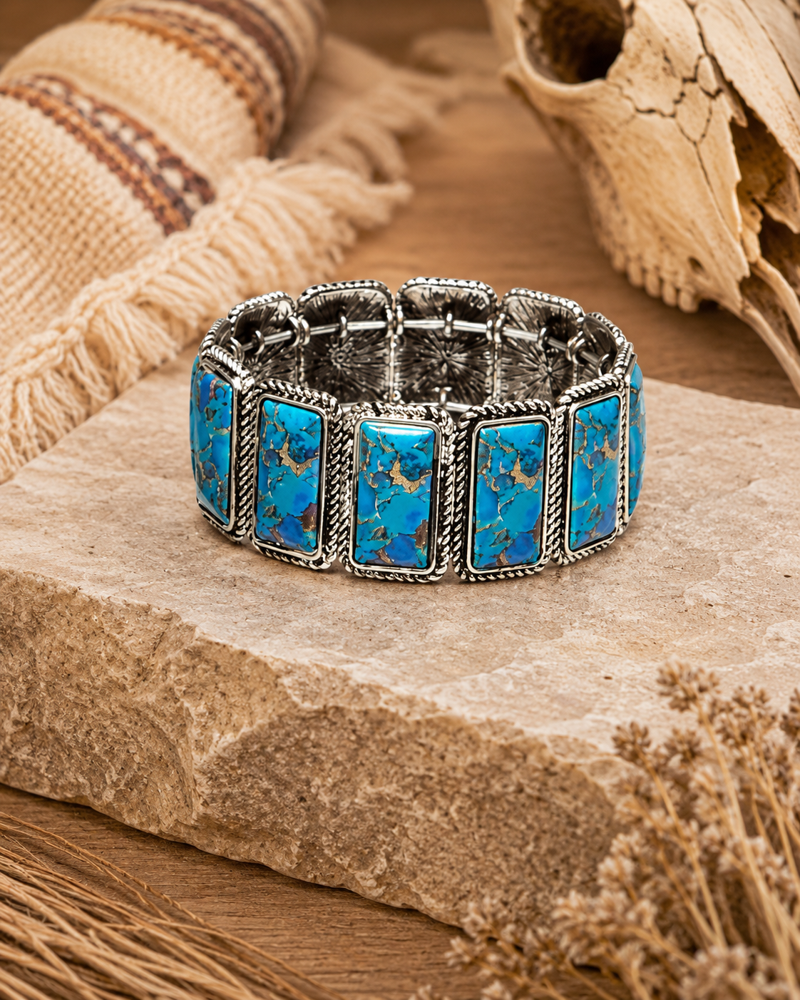 Western Colored Rectangle Patterned Turquoise Bracelet