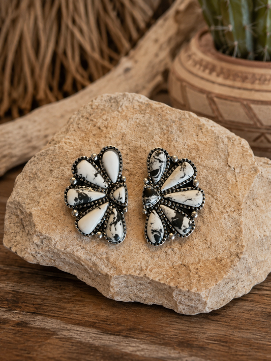 Western Squash Blossom - Stone Stud Earrings - White
