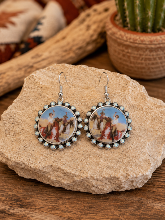Western Printed Rodeo Girl Rhinestone Round Dangle Earrings - Red