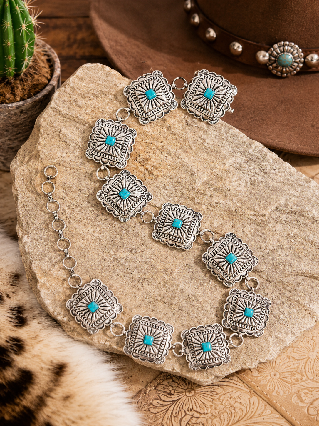 Western Concho Chain Belt w/ Turquoise Stones