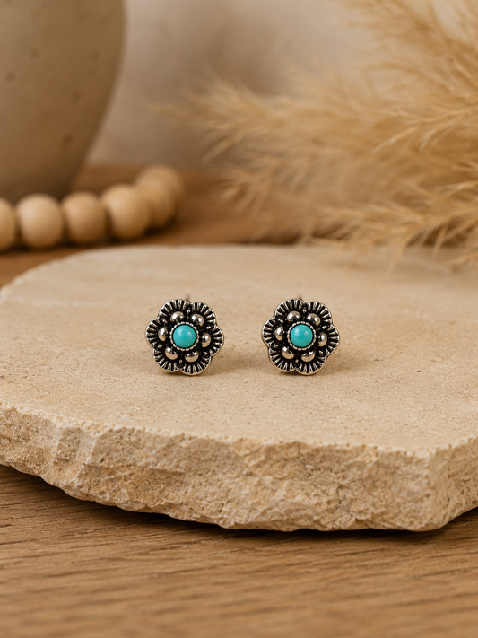 Turquoise Silver Bloom Stud Earrings