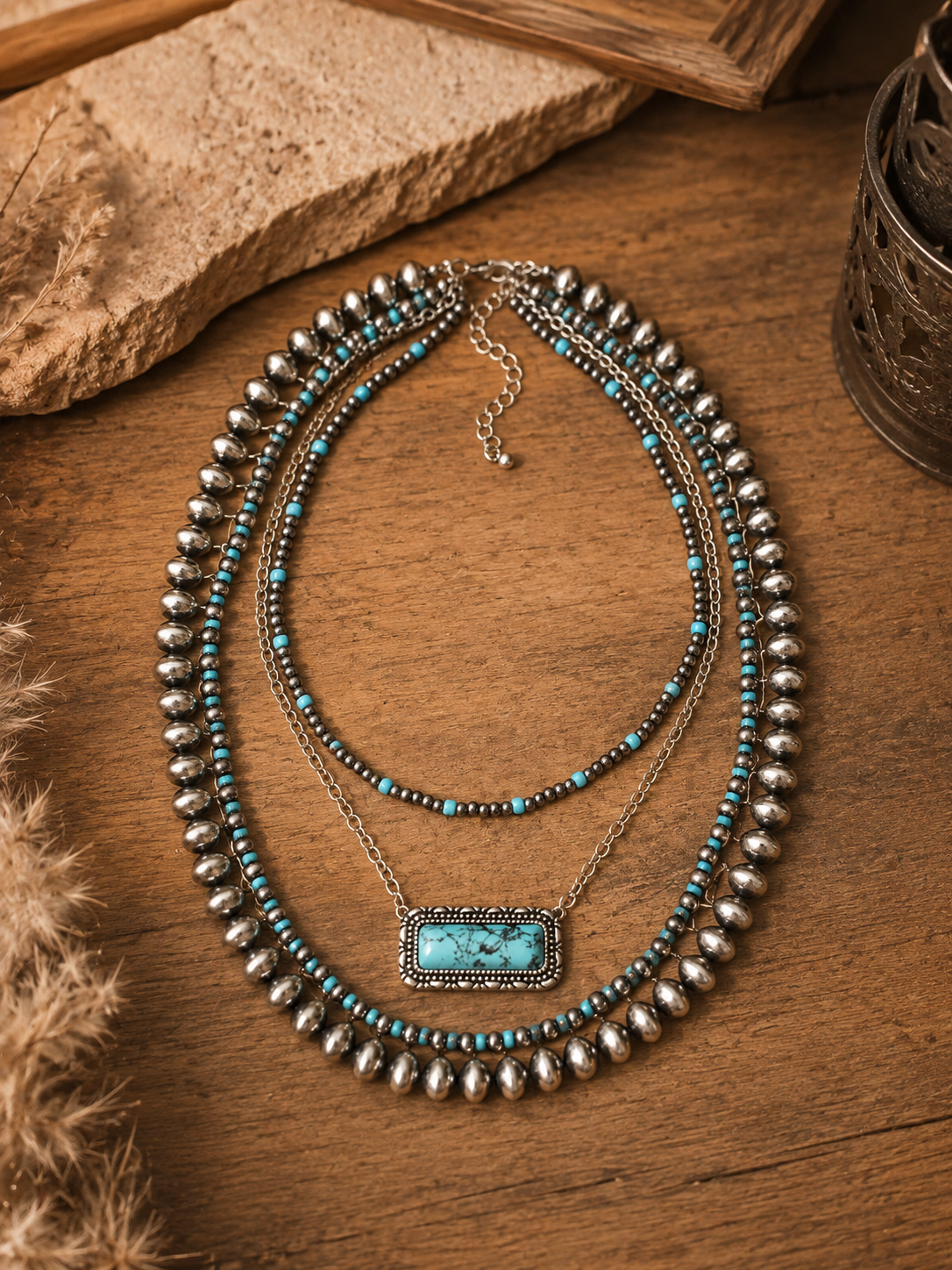 Western Multi Layered Necklace with Turquoise Bar Pendant
