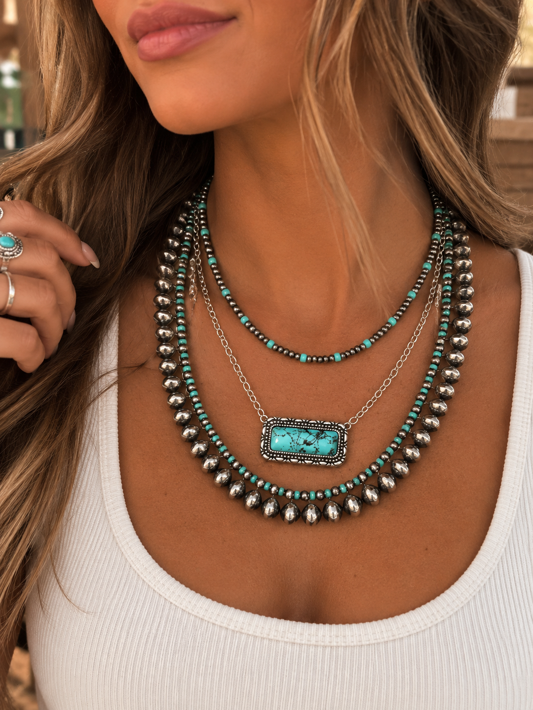 Western Multi Layered Necklace with Turquoise Bar Pendant