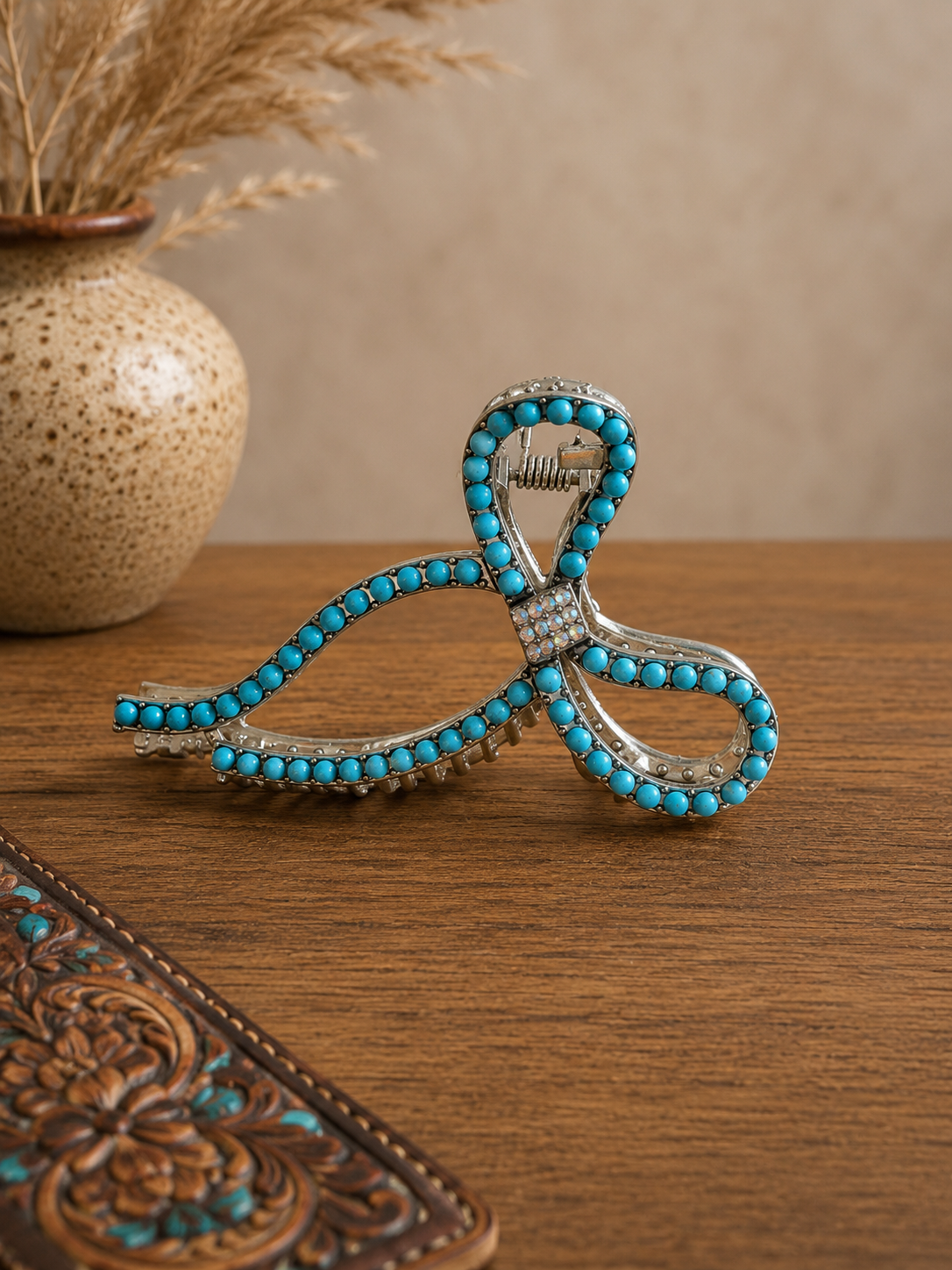 Western Beaded Bow Claw Clip - Turquoise