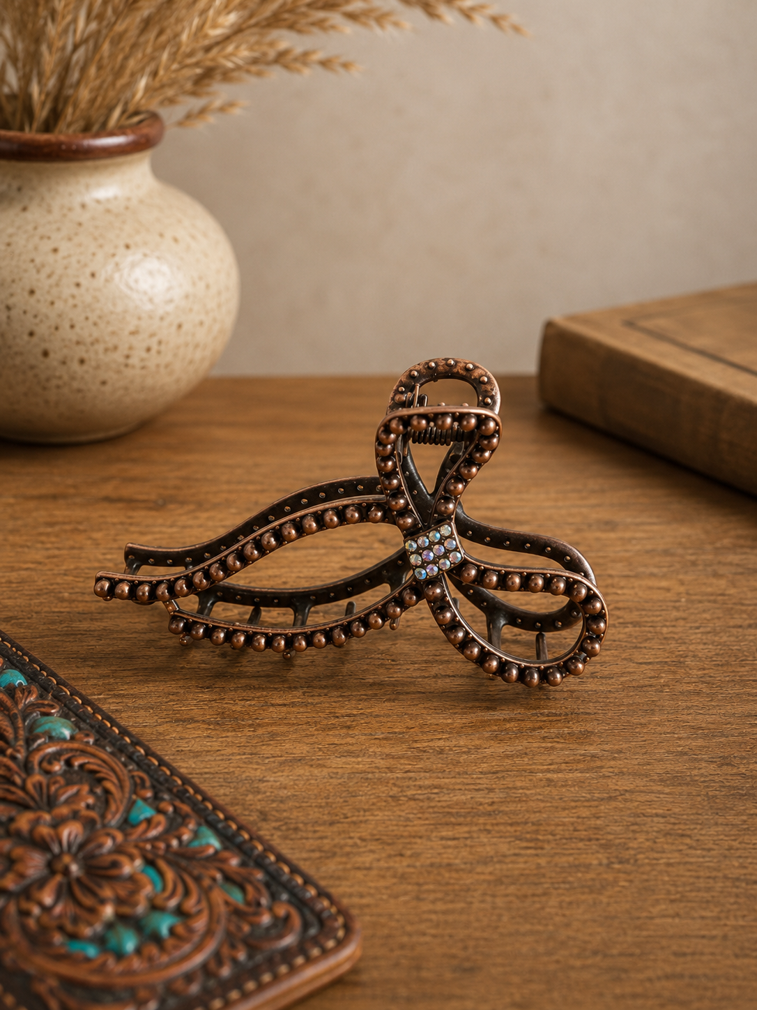 Western Beaded Bow Claw Clip - Bronze