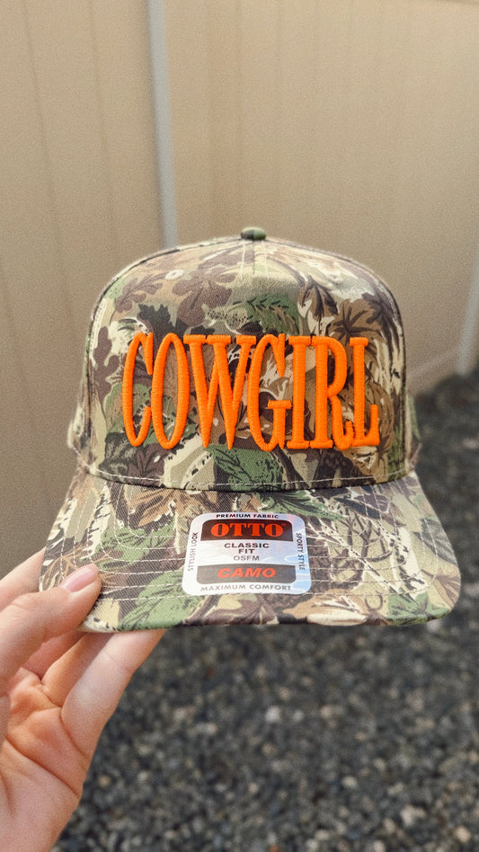 Camo Neon Cowgirl Embroidered Trucker Hat