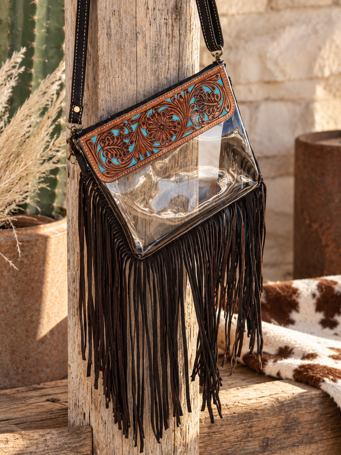 Hand Tooled Clear Purse Crossbody - Tan/Turquoise