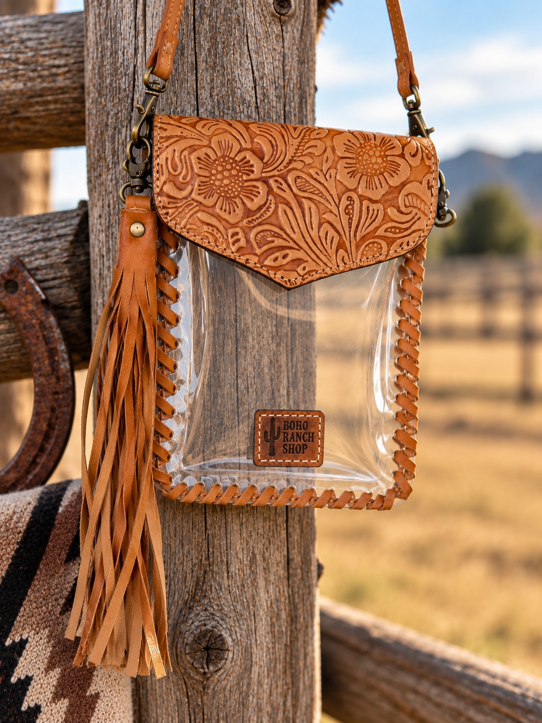 Phone Clear Crossbody Western Tooled Leather Mobile Purse - Tan