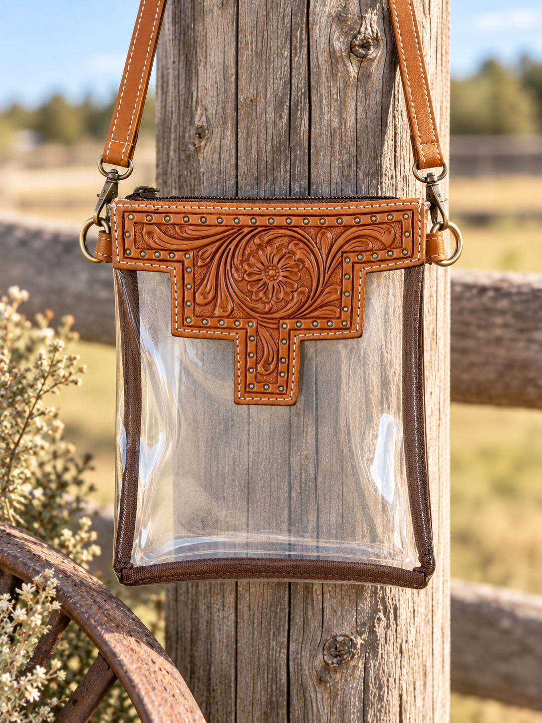 Hand Tooled Clear Crossbody Concert Bag - Tan - No Fringe