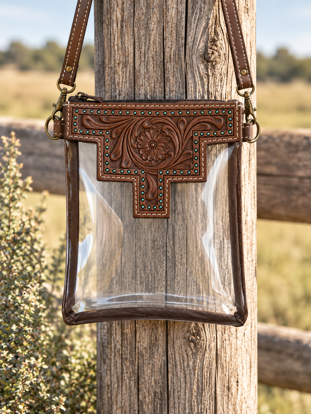 Hand Tooled Clear Crossbody Concert Bag - Brown - No Fringe