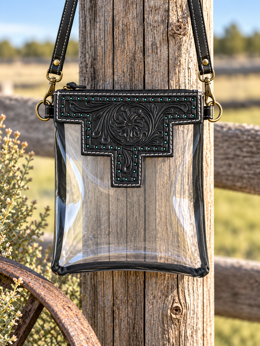 Hand Tooled Clear Crossbody Concert Bag - Black - No Fringe