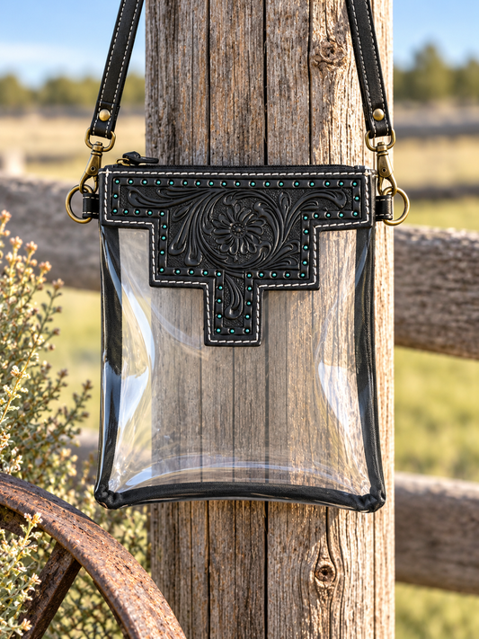 Hand Tooled Clear Crossbody Concert Bag - Black - No Fringe