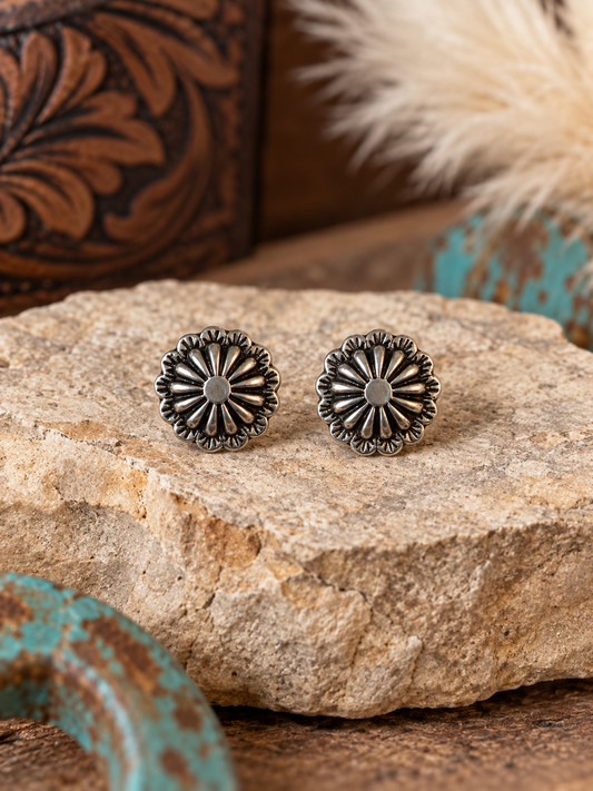 Western Silver Floral Concho Stud Earrings