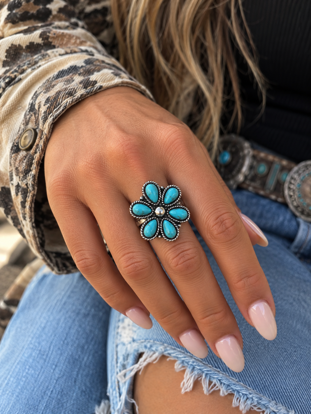 Western Turquoise Flower Cuff Ring