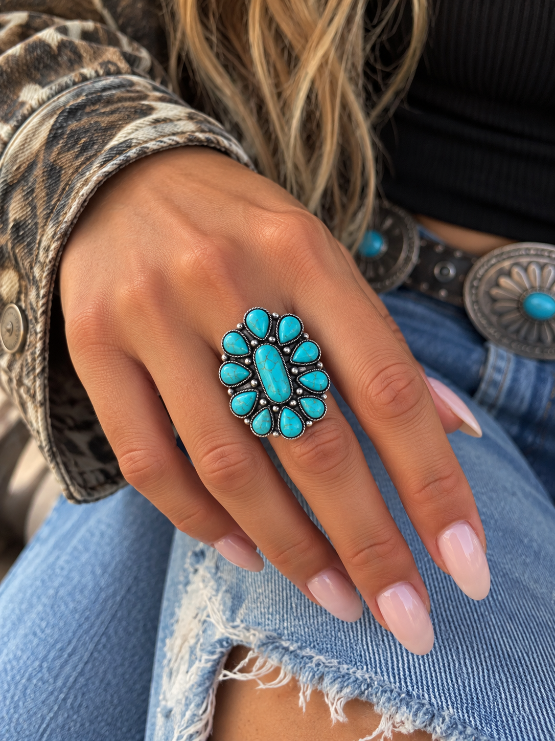 Western Turquoise Bloom Cuff Ring