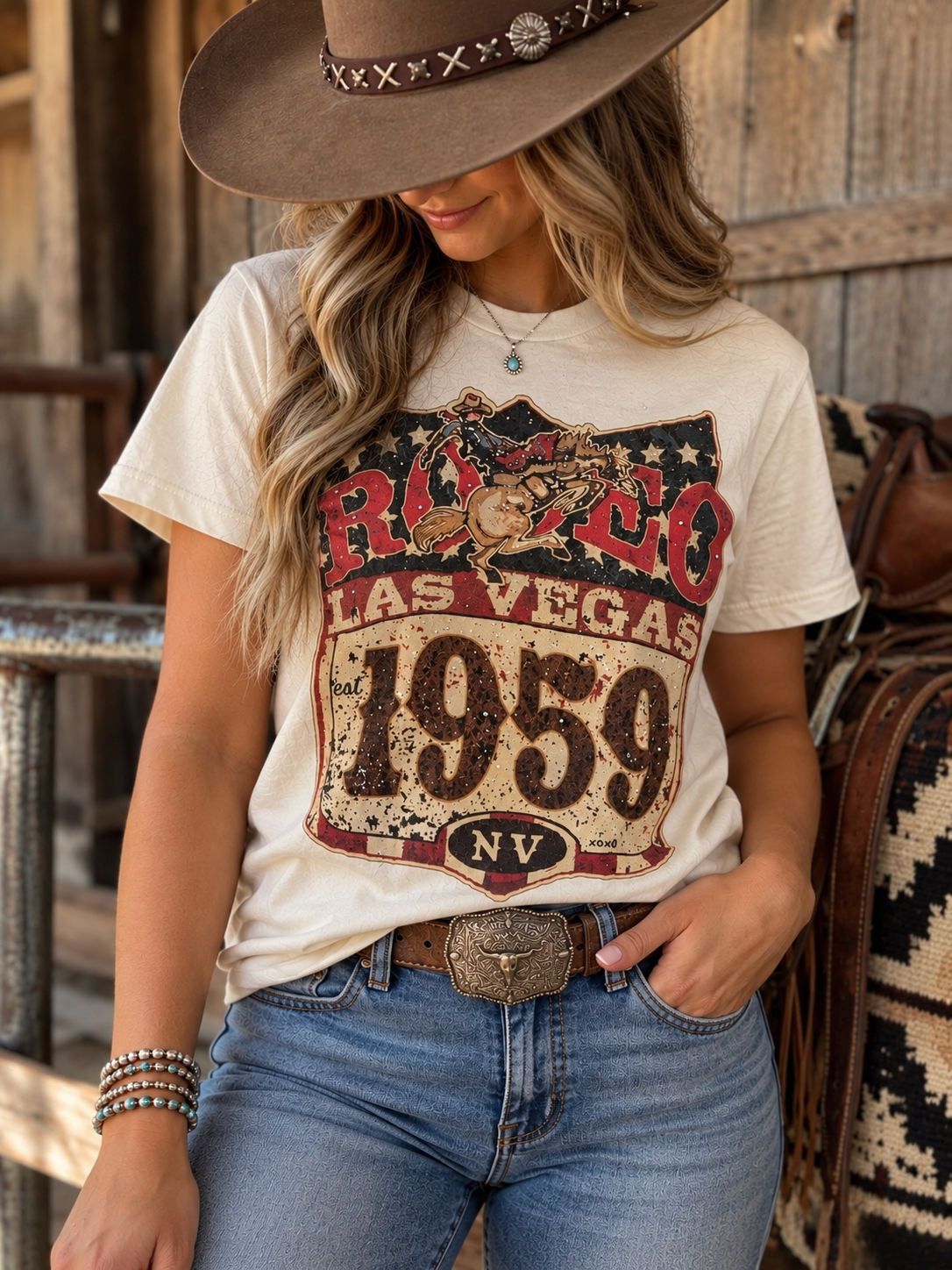 Vintage Vegas Rodeo Graphic Tee w/ Crystals - Cream