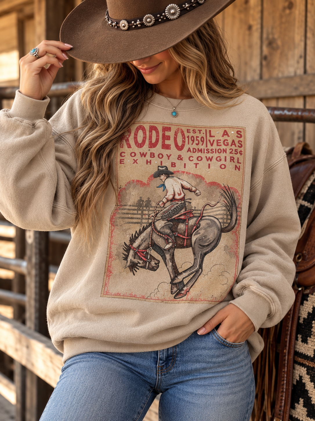 Vintage Vegas Rodeo Crewneck w/ Crystals - Sand