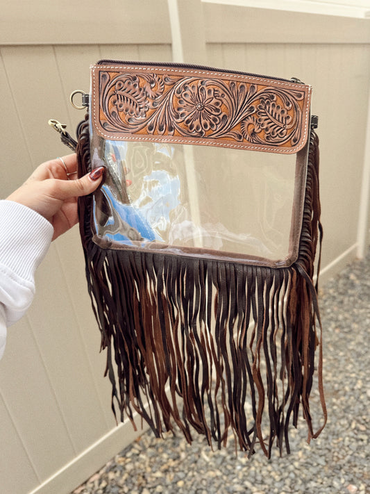 Hand Tooled Clear Purse Crossbody - Brown/Tan