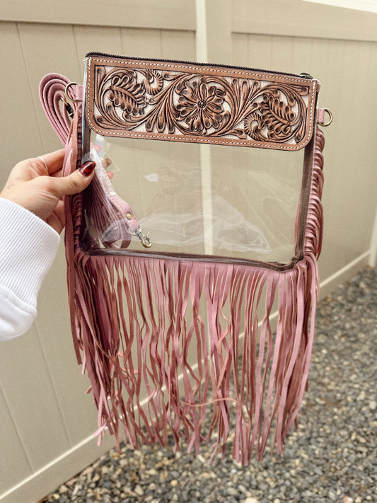 Hand Tooled Clear Purse Crossbody - Pink/Brown