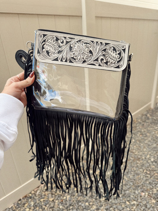 Hand Tooled Clear Purse Crossbody - White/Black
